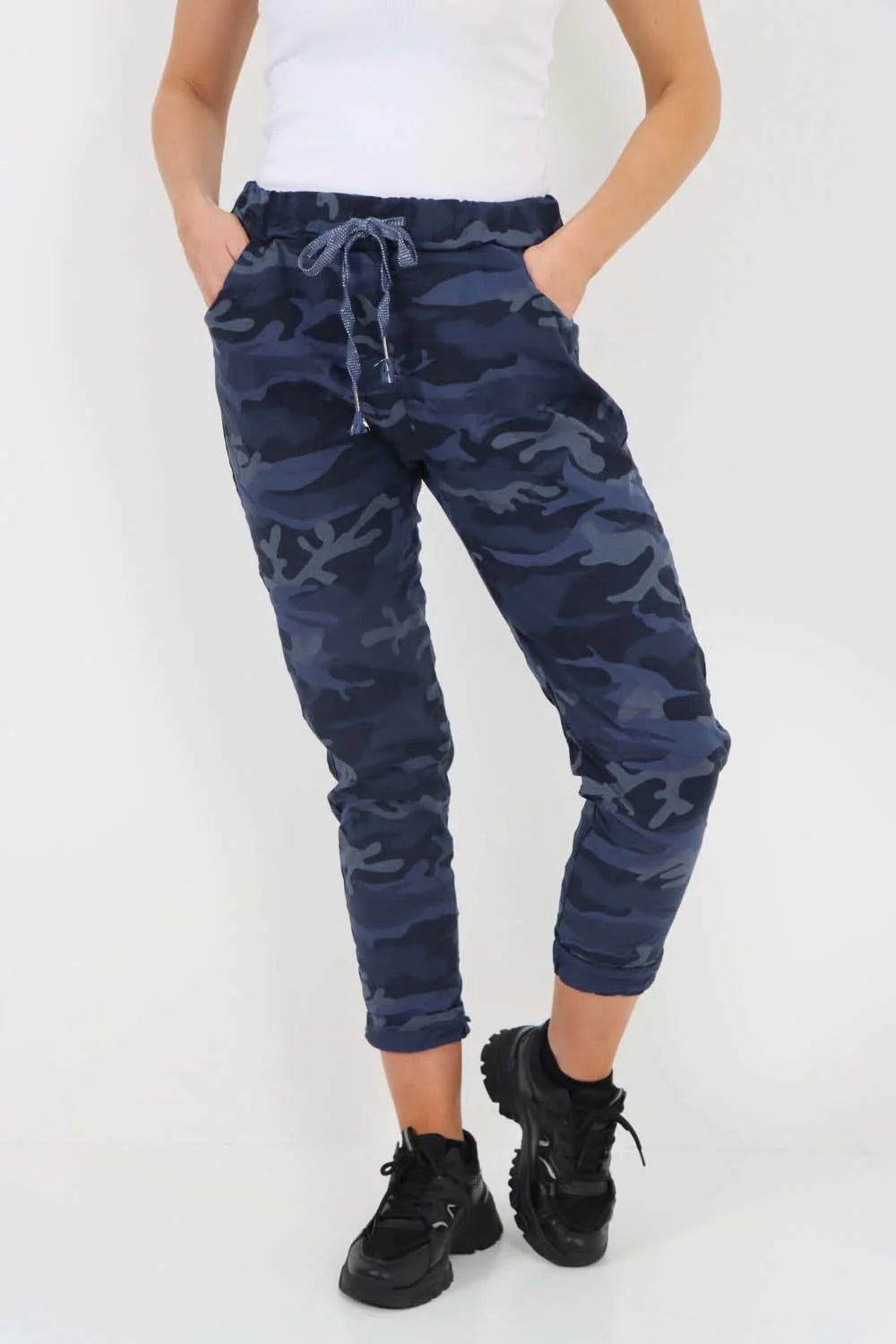 Italian Drawstring Camo Side Pockets Trousers - Denim Blue