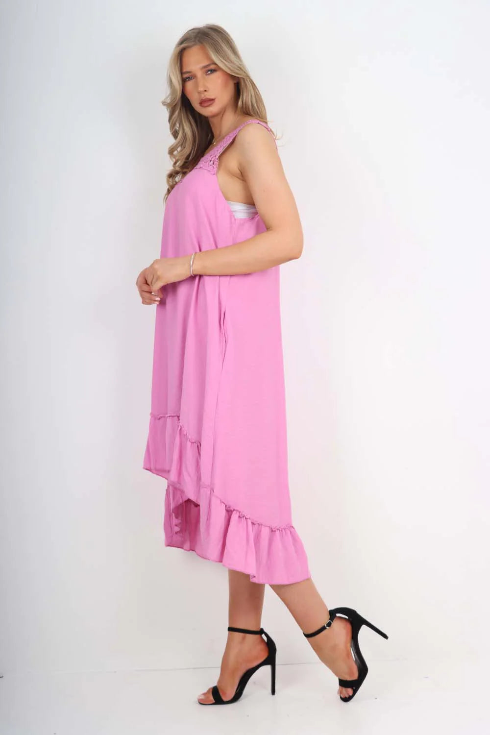 Italian Lace Neckline Dipped Hem Dress - Pink